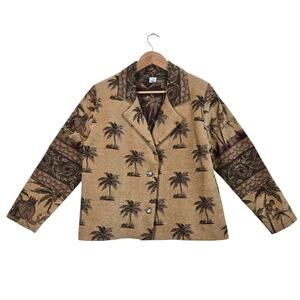 Vintage Tapestry Jacket L Gold Palm Tree Elephant Coastal Boho Safari